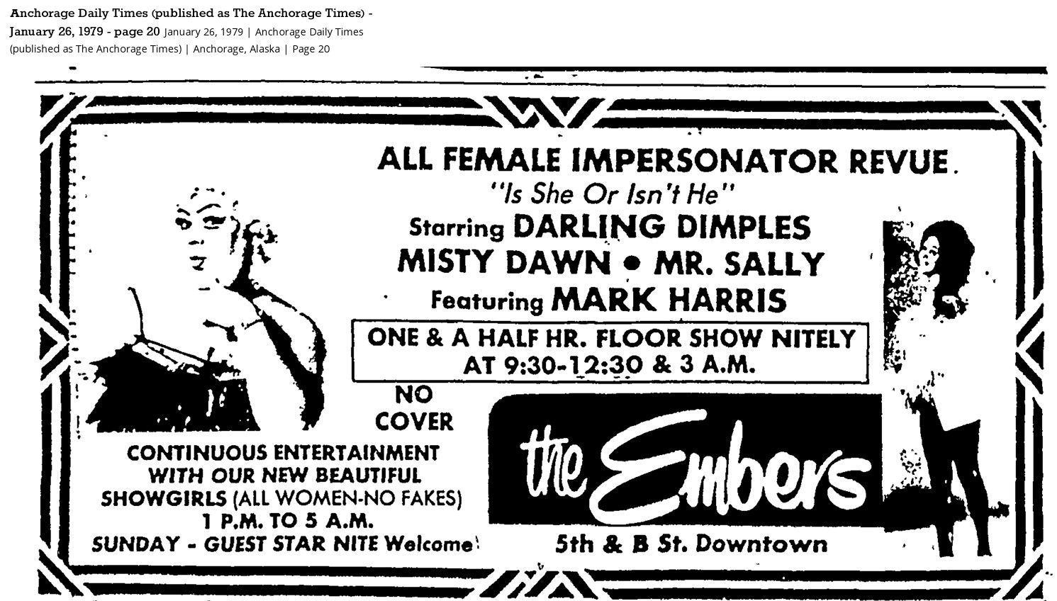 Newspaper clipping from January 26, 1979 edition of the Anchorage Daily Times advertising Misty Dawn in Drag Show