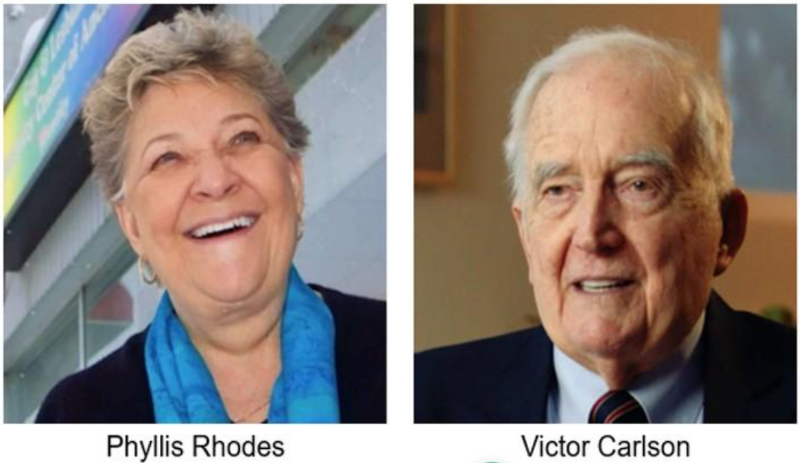 Image with two headshots depicting Phyllis Rhodes and Victor Carlson